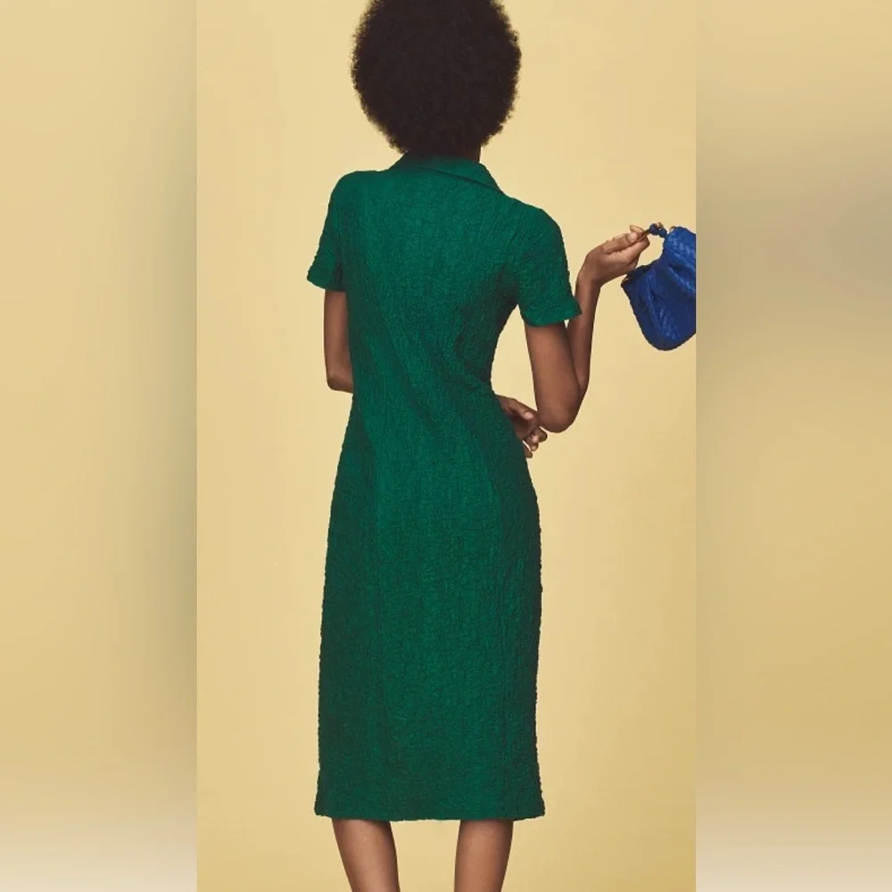 NWOT By Anthropologie Green Textured Short-Sleeve Collared Button Midi Dress XS - Picture 2 of 5